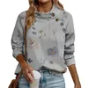 Blusas femininas senhoras casual topo floral impressão gola botão decoração manga longa macio solto blusa moletom para a primavera