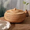 Storage Baskets Rattan Boxes With Lid Hand-Woven Multi-Purpose Wicker Tray Durable Fiber Round 11 Inch Diameter