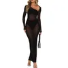 Casual Jurken BoozRey Zomer Mesh Doorzichtig Sexy Y2K Kleding Lange Mouw Zijsplit Bodycon Maxi Voor Vrouwen Club Streetwear outfits