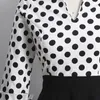 Robes décontractées Automne Femmes Élégant Polka Dot Blanc Et Noir Vintage Midi Pour Col En V Trois Quarts Manches Robe Rétro Robes