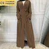 Ethnic Clothing Middle East Fashion Pocket Brown Pearls Front Open Abaya Dubai Kaftan Caftan Turkish Islamic Muslim For Women Maxi Robe