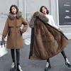 Women's Trench Coats Fashion Fur Collar Hooded Cotton Coat Womens Long Thicken Warm Down Parkas Winter Jacket Lining Overcoat Women