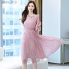 Basic Casual Dresses Women Pink Chiffon Beach Midi Dress Spring Autumn New Korean Elegant 2023 Vintage Bodycon Party Long Sleeve Vestido YQ231025