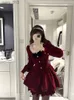 Grundläggande avslappnade klänningar Autumn Red Lace Elegant Dress Women Patchwork Party Mini Kvinnliga koreansk mode One Piece Designer 2023 New YQ231025