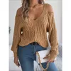 2023 Autumn Winter Sweaters Womens Casual Solid Color Sexig Deep V-Neck Off Shoulder Lantern Sleeve Sweaters Top For Ladies