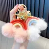 Porte-clés de voiture tissé de style Boho, petits nuages arc-en-ciel, boule de cheveux, accessoires mignons en peluche, sac à franges, ornements suspendus