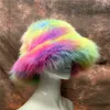 Wide Brim Hats Bucket Hats Autumn Winter Women Keep Warm Rainbow Faux Fur Basin Cap Female Fashion Casual Party Bucket hat Music Festival Thickened Hat 231024