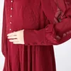 Vestidos casuais amoreira seda jacquard vinho vermelho com decote em v camisa manga longa pérola decoração contraste elegante vestido georgette ae1972