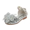 Flat Shoes Kids Bowknot Princess Barn Silver Pink Leather Wedding Party Girls Dance Performance Shoes 231025