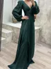 Casual Dresses Autumn Winter Fashion Satin Party Dress Muslim Women Elegant Solid V-Neck Bubble Sleeve Ruffled A-Line Evening