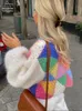 Women s Sweaters Hollow Out Colorful Kint Cardigan Women Sweater Autumn Long Puff Sleeve Patchwork Female 2023 Elegant Casual Lady Top 231025