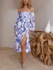 Vestidos casuais mulheres midi a-line vestido manga longa pescoço quadrado split flowy férias de verão