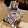 Real Princess Wedding Diamond Ring Set 14K Gold Round Bague Diamond Ring Peridot Bizuteria white Topaz Gemstone 925 Jewelry269g