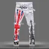 HELT-MENS UK BRITISKA FLAGS JEANS PANTER Färgat ritningstorn Tryckt mode Skinny White Jeans Casual Stretch Jeans Trousers 293J