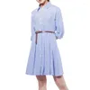 Partykleider Blauer Streifen A-Linie Hemdenkleid 2023 Schlanke hohe Taille Taschen Patchwork Mode Koreanische Damenbekleidung Langarm