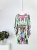 Australian designer dress V-neck lantern sleeve floral Leopard printed silk mini dress