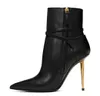 2024 Hiver Luxe Femmes Noir Cadenas En Cuir Bottines En Cuir De Veau Noir Bout Pointu Clé Bottines Dame Robe De Soirée À Talons Hauts Botte De Mode EU35-43 Avec Boîte