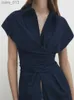 基本的なカジュアルドレス女性新しいシックなファッションベルト装飾コットンシャツスタイルスリムミディドレスビンテージノースリーブボタンアップ女性ローブミュージャーYQ231025