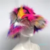 Chapéus de balde de aba larga outono inverno feminino manter quente arco-íris pele sintética boné feminino moda casual festa balde chapéu festival de música chapéu engrossado