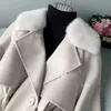 Women's Wool Blends Dubbelsidig ullrock för kvinnor Full Mink Collar Long Windbreaker Justerbar midja Europeisk vinter 231024