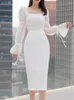 Casual Dresses Autumn Women Fashion Elegant Bodycon White Dress Long Sleeve Vintage Slim Solid Party Business Vestidos Female Robe