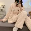 Women's Sleepwear Winter Lapel Cardigan Home Suit For Women Coral Fleece Soft Pajamas Girls Simple Solid Color Sets 2 Pieces