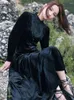 Sıradan Elbiseler Vintage Siyah Moda Kadın Yüksek Bel Fan Pileli Cep 2023 Sonbahar Azınlık Gevşek Elbise
