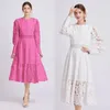 Casual Dresses Runway Fashion Autumn Rose Red Lantern Sleeve Long Dress Women O Neck Lace Hollow Out Embroidery Flower Patchwork Party