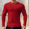 Men's T-skjortor 2023 Fitness T-shirt Män avslappnad långärmad mager skjorta manlig kroppsbyggande tees toppar som kör sport snabb torr träning