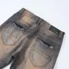 Mor jean amiiris tasarımcı kot pantolon moda moda yeni kirli işlemeli mektup erkek ince fit elastik ayak pantolon d7h6