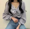 Kadınlar bluzları s v boyun üstleri Blusas 2023 Sonbahar Temel Giyim Sevimli tatlı kızlar şık Kore moda kıyafetleri katı kadın gömlekleri
