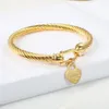 Titanium Steel Bangle Cable Wire Gold Color Love Heart Charm Bangle Bracelet With Hook Closure For Women Men Wedding Jewelry Gifts222q