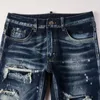 Jeans masculinos homens buracos retalhos denim streetwear escuro azul estiramento calças pintadas skinny calças cônicas