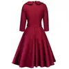 Vrouwen Elegante Lente Wijn Rode Feestjurk Feminino Vestidos Audrey 1960s Swing Rockabilly RobeButton Riemen Formele Dress250I