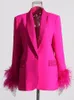 Women's Suits Spliced Feathers Loose Women Blazer 2023 Autumn Rose Red Single Button Patchwork Diamonds Female Fashion Straight Jacket Top