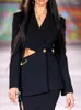 Женские костюмы 2023, осенний показ мод, уникальный дизайн с булавками, сексуальный полый с открытой спиной, тонкий иностранный стиль, нерегулярный костюм, куртка, черная женщина