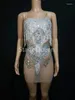 Casual Dresses Silver Rhinestones Big Stretch Dress Shining Crystals Stage Birthday Party Fira nattklubb i ett stycke