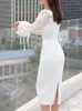 Sukienki swobodne jesień kobiety mody elegancka bodycon biała sukienka z długim rękawem vintage szczupły solidny impreza busines