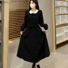 Vestidos casuales básicos Vestido de talla grande Mujer Otoño Chic Elegante Manga larga Vintage Negro Damas Fiesta Diario Peter Pan Collar Ropa femenina Vestidos YQ231025