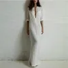 女性ドレス夏のセクシーな長いコットンソリッドフロアレングスホワイトドレスエレガントな長袖301z