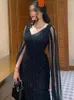 فساتين الحفلات Linyang Black v Neckline Prom Dress Twhice Elegant Aseval Evening Long Rquinned for Women 2023