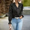 Damesblouses Herfst Mode Effen Lange Mouw Dames Shirts Elegant Gedrukt Blauw V-hals Top Casual Losse Blusas Mujer 28260