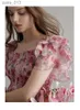 Grundläggande casual klänningar Tingfly Women Summer Pink Floral Print Slash Neckline Midi Long A Line Dress Ruffles Sleeve France Elegant Vestidos Frocks Lady YQ231025