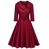 Vrouwen Elegante Lente Wijn Rode Feestjurk Feminino Vestidos Audrey 1960s Swing Rockabilly RobeButton Riemen Formele Dress250I