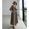 Frauen Leinen V-ausschnitt Lose Kleider Koreanische Vintage Einfarbig Tasche Design Maxi Robe Kimono VKDR21472859