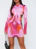 Casual Dresses Haoyuan 3D Body Print Long Sleeve Short Mini Dress for Women 2023 Y2K Birthday Night Club Outfits Sexig Elegant BodyCon