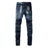 Jeans masculinos homens buracos retalhos denim streetwear escuro azul estiramento calças pintadas skinny calças cônicas
