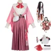 Costume de Cosplay Kamado pour femmes, Costume de tueur de démons, uniforme rose, perruque, sac Nezuko, Kimono, tenue de fête d'halloween pour femmes