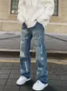 Erkekler Kot Mavi Yüksek Sokak Düz Renk Deliği Eski Düz Bacak Pantolon Gevşek Düğme Cepleri Y2K Pantolon A170