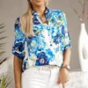 Damesblouses Dames zomeroverhemd Bloemenprint Casual Lange mouw Botton V-hals Tops Retro etnische stijl Slanke damesblouse Camisas de Mujer